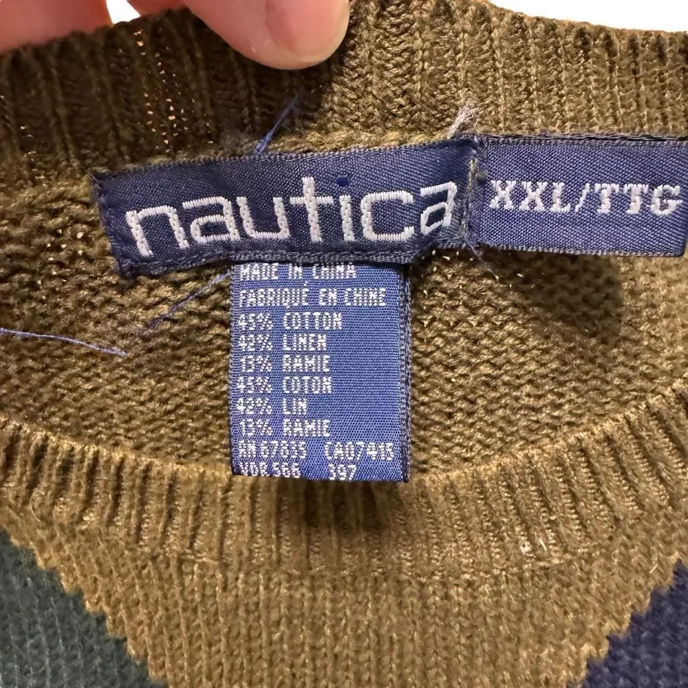 Nautica Vintage Men's Argyle Colorblock Multicolor V-Neck Sweater 90s 80s Sz 2XL